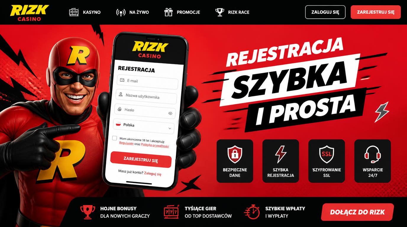 formularz rejestracji w Rizk Casino na tle interfejsu z barwami motywu strony