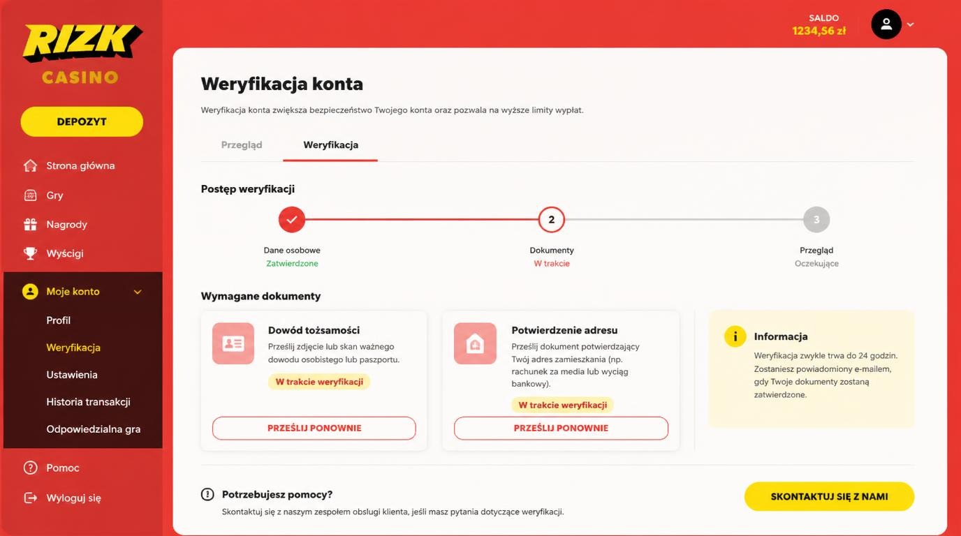 ekran weryfikacji dokumentów w profilu gracza