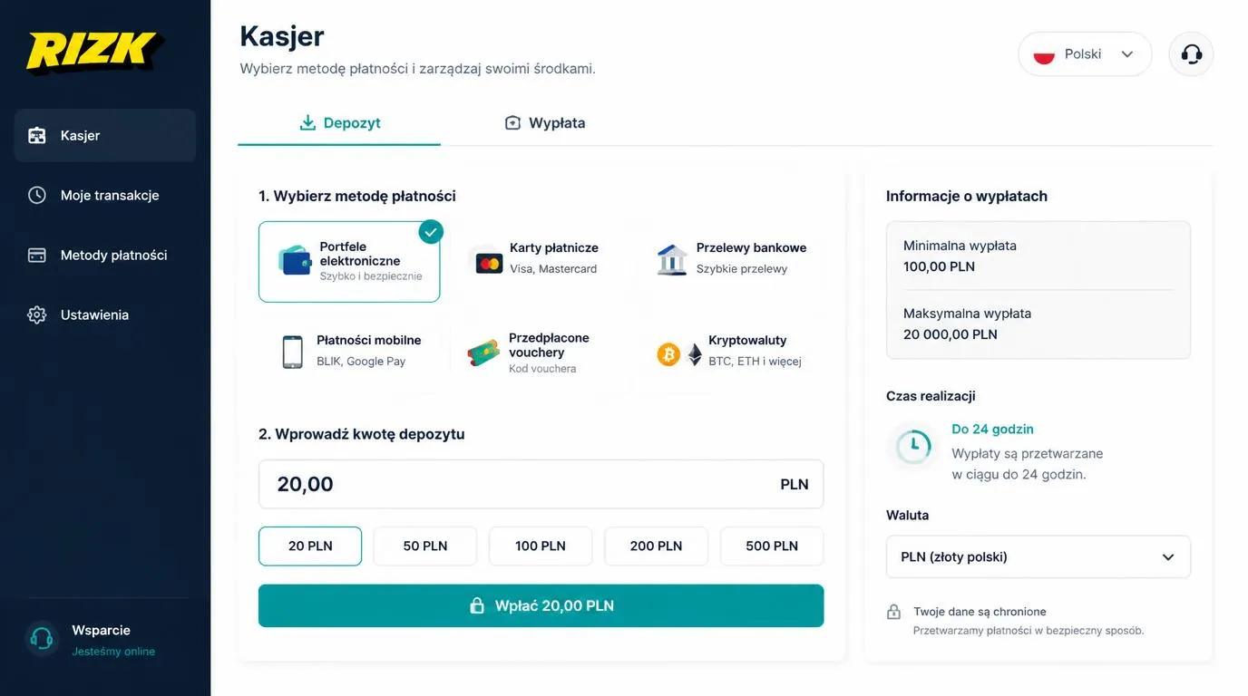 Panel kasjera z metodami płatności, kwotą depozytu 20 PLN i zakresem wypłat od 100 do 20000 PLN