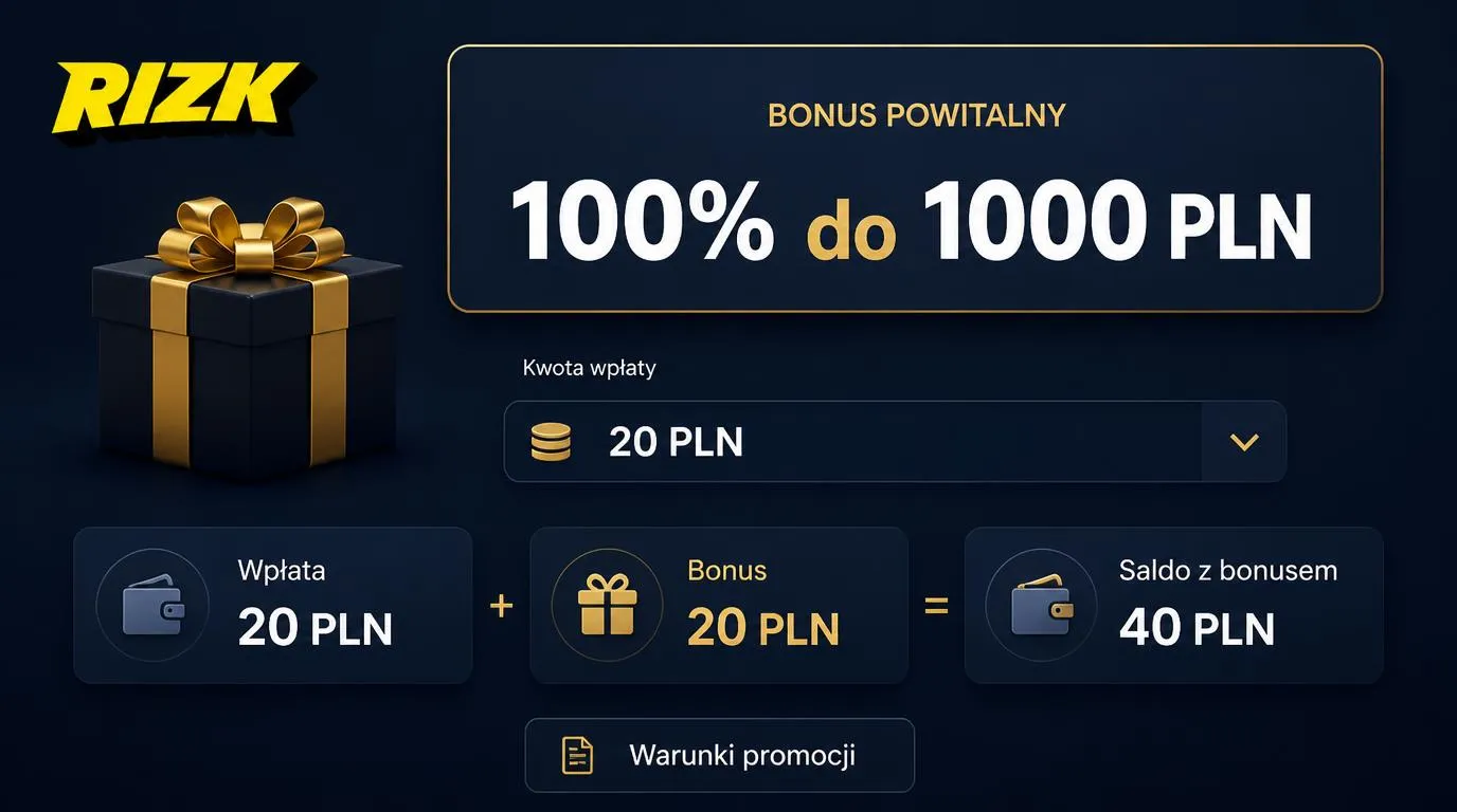 Panel bonusu powitalnego 100% do 1000 PLN z minimalną wpłatą 20 PLN i przykładowym saldem 40 PLN